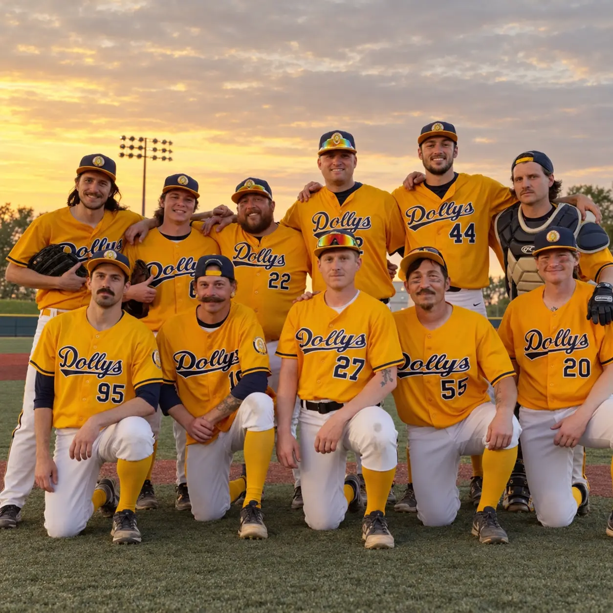 Baseball team wearing custom yellow and navy baseball jerseys with name and number