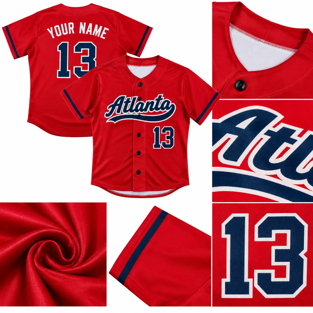 Custom baseball jersey detail views: collar, script lettering, fabric and sleeve trim