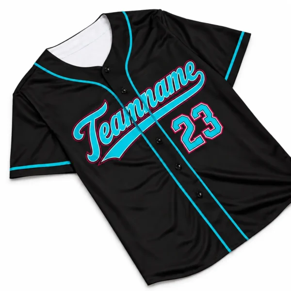 Custom Baseball Jersey Miami Black and Sky Blue, front view with team name and number