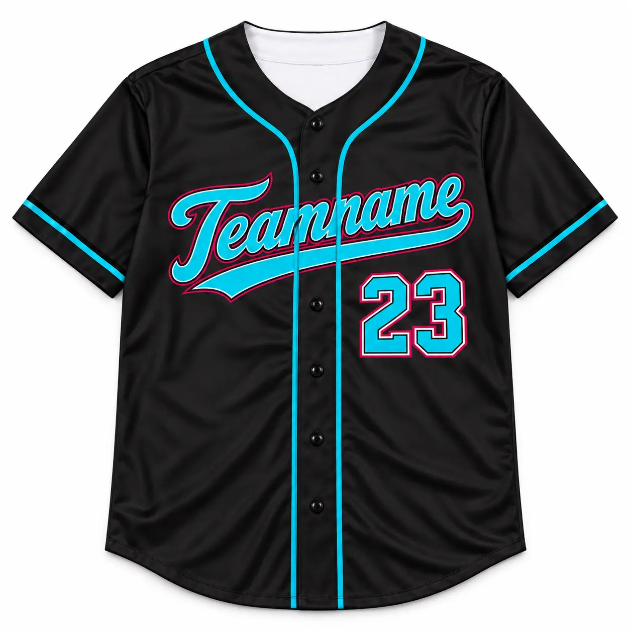 Custom Baseball Jersey Miami Black and Sky Blue, front view with team name and number