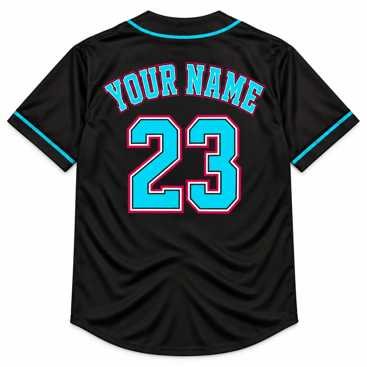 Custom Baseball Jersey Miami Black and Sky Blue, back view with custom name and number