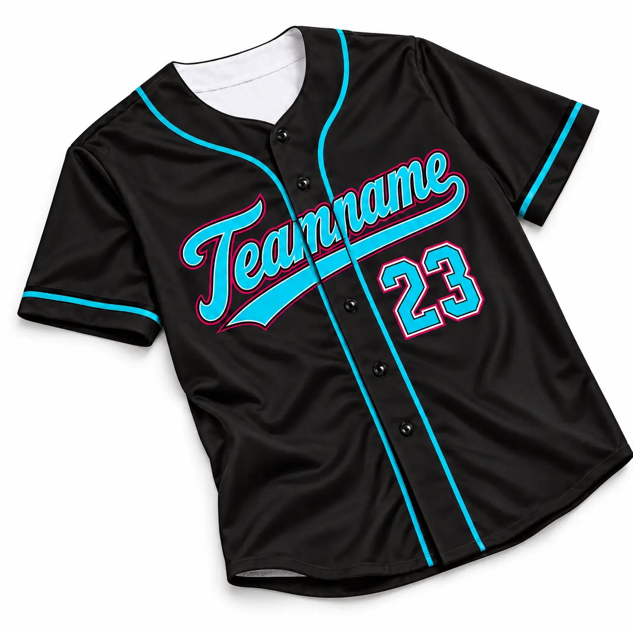 Custom Baseball Jersey Miami Black and Sky Blue, front view with team name and number