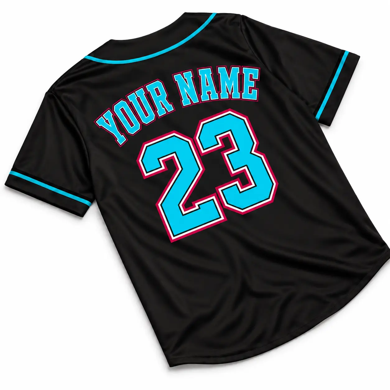 Custom Baseball Jersey Miami Black and Sky Blue, back view with custom name and number