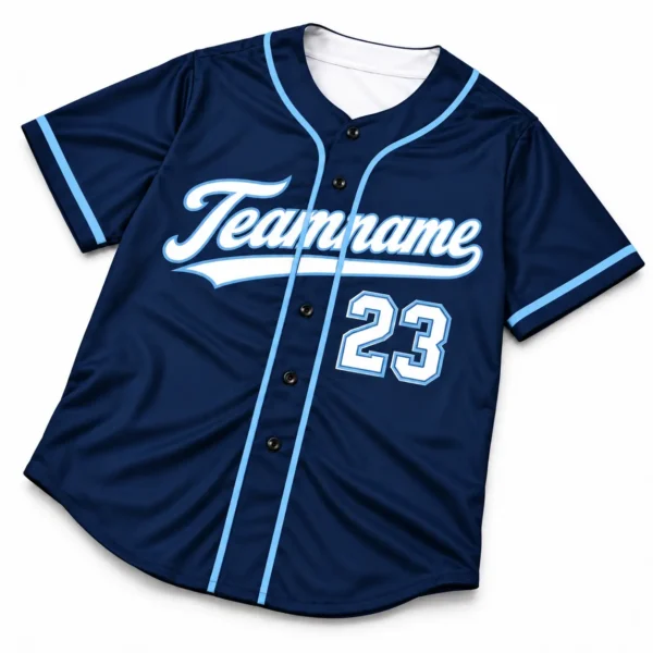Custom Baseball Jersey Tampa Bay Navy and Light Blue, front view with team name and number