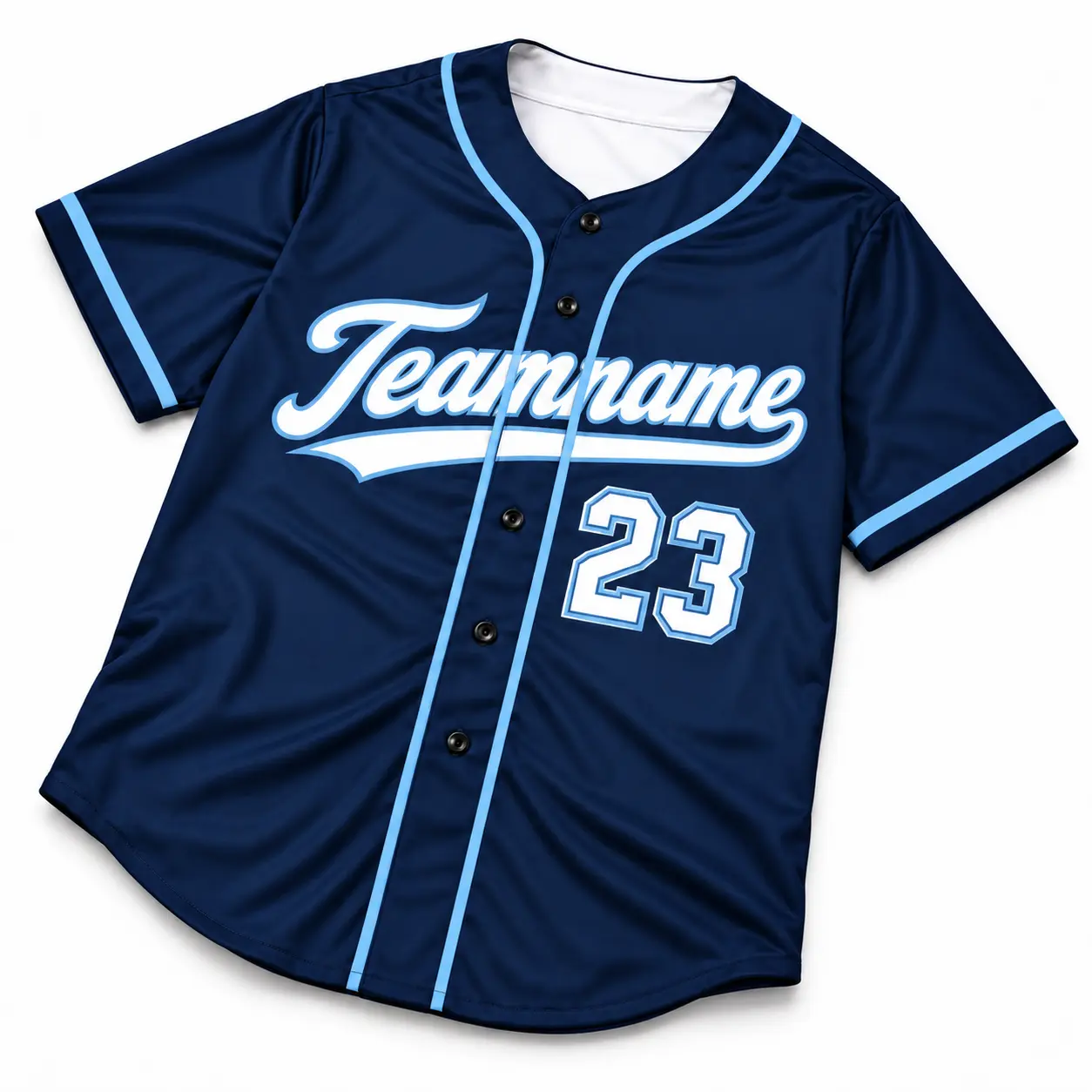 Custom Baseball Jersey Tampa Bay Navy and Light Blue, front view with team name and number