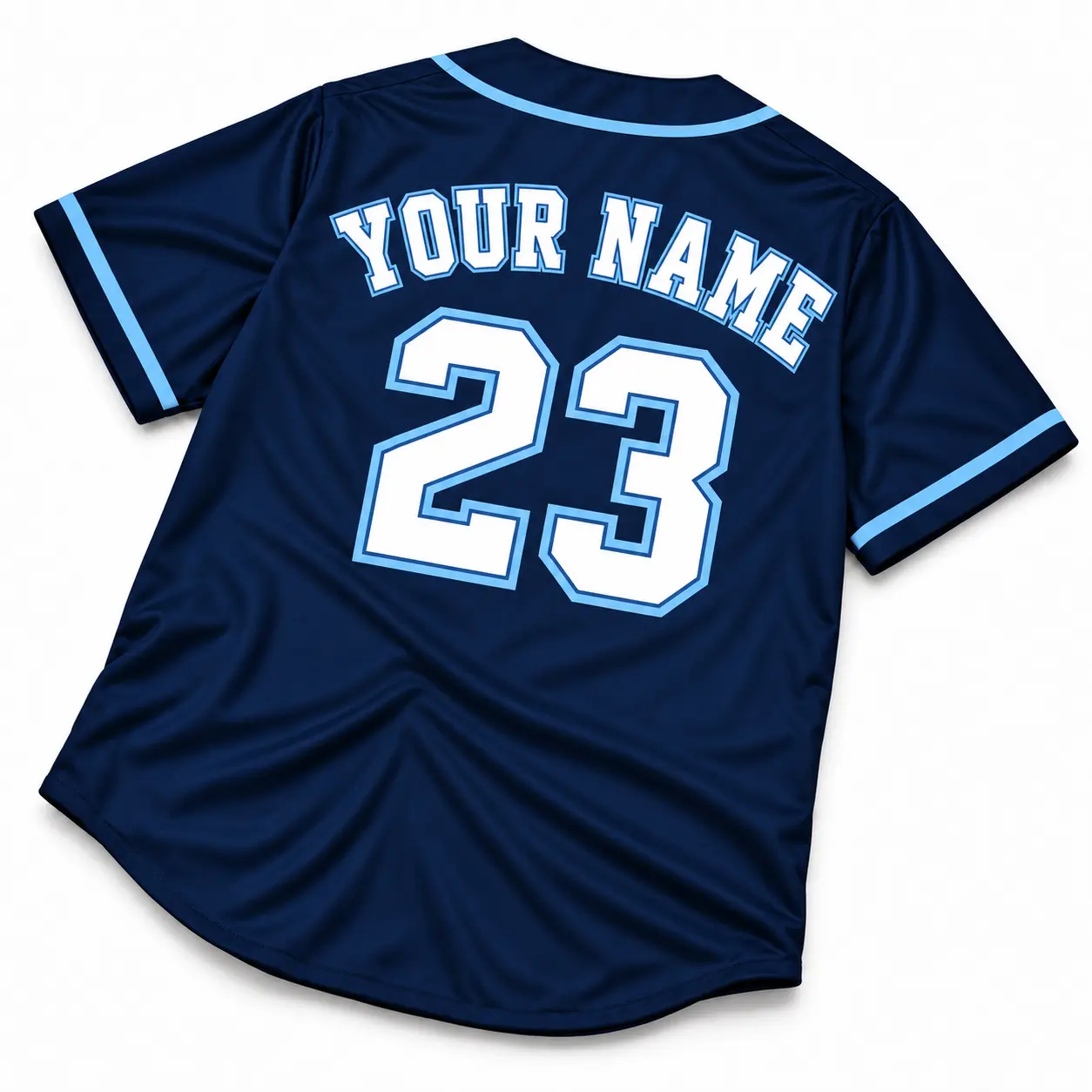 Custom Baseball Jersey Tampa Bay Navy and Light Blue, back view with custom name and number