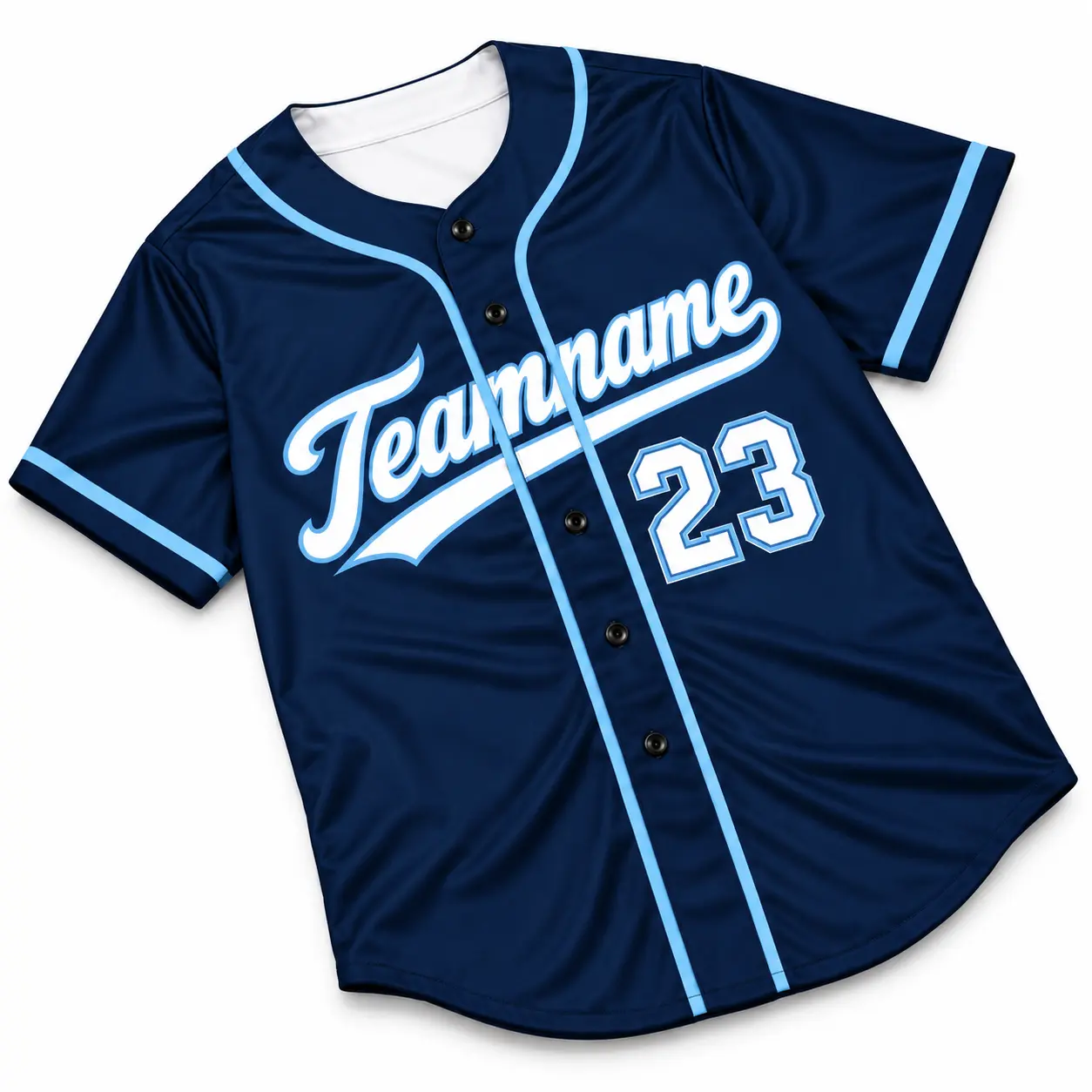 Custom Baseball Jersey Tampa Bay Navy and Light Blue, front view with team name and number