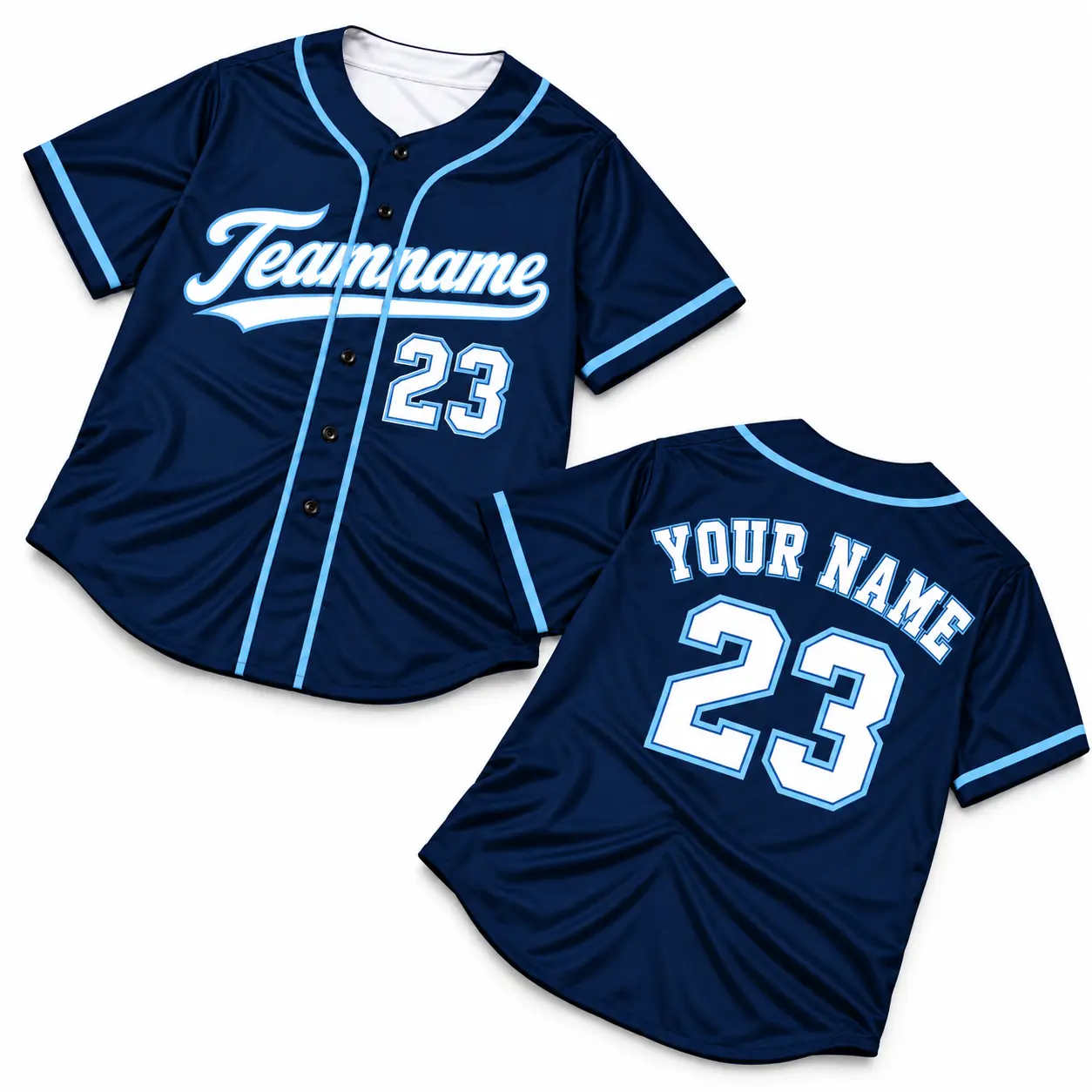 Custom Baseball Jersey Tampa Bay Navy and Light Blue, front and back view with team name, custom name and number