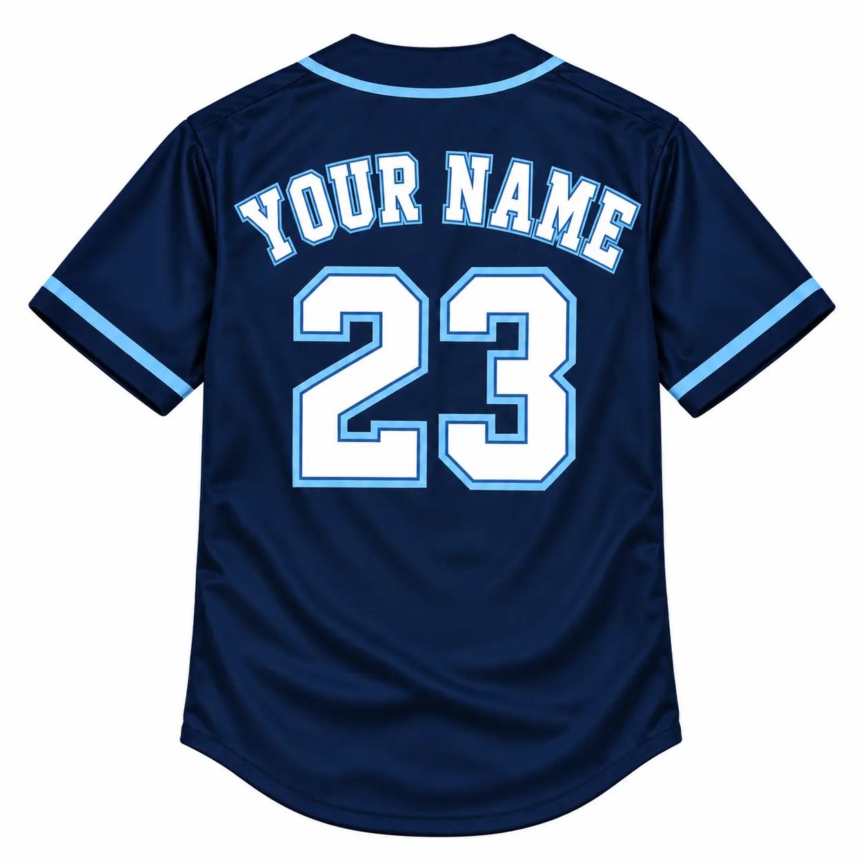 Custom Baseball Jersey Tampa Bay Navy and Light Blue, back view with custom name and number