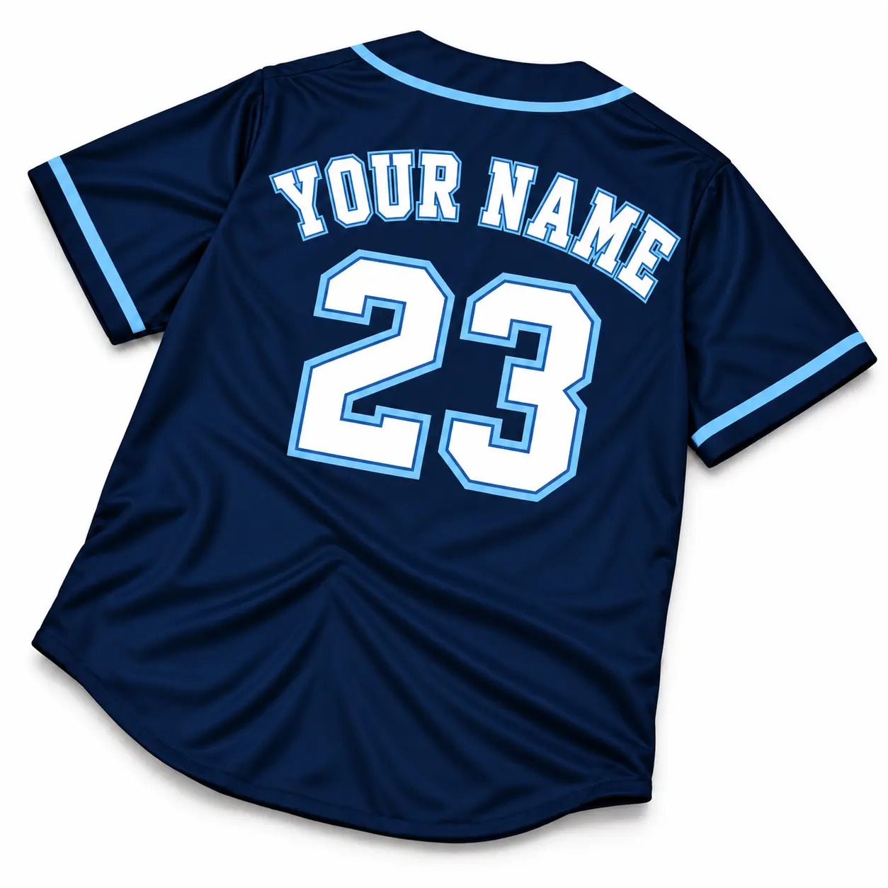 Custom Baseball Jersey Tampa Bay Navy and Light Blue, back view with custom name and number