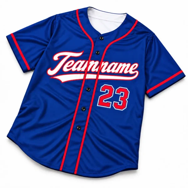 Custom Baseball Jersey Texas Royal Blue and Red, front view with team name and number