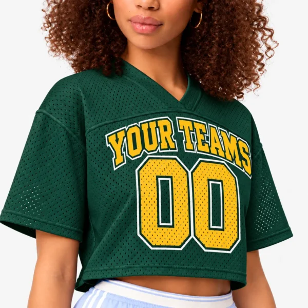 Custom Women's Crop Football Jersey Green Bay Green and Gold, front view