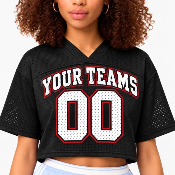 Custom Women's Crop Football Jersey Atlanta Black and Red, front view