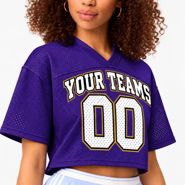 Custom Women's Crop Football Jersey Baltimore Purple and Gold, front view