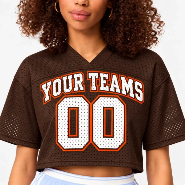Custom Women's Crop Football Jersey Cleveland Brown and Orange, front view