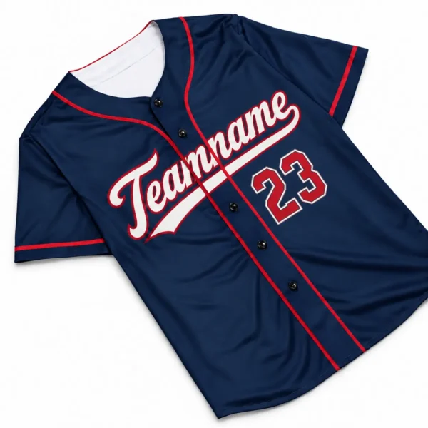 Custom Baseball Jersey Minnesota Navy and Red, front view with team name and number