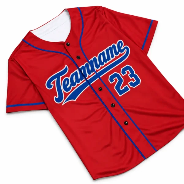Custom Baseball Jersey Philadelphia Red and Royal Blue, front view with team name and number