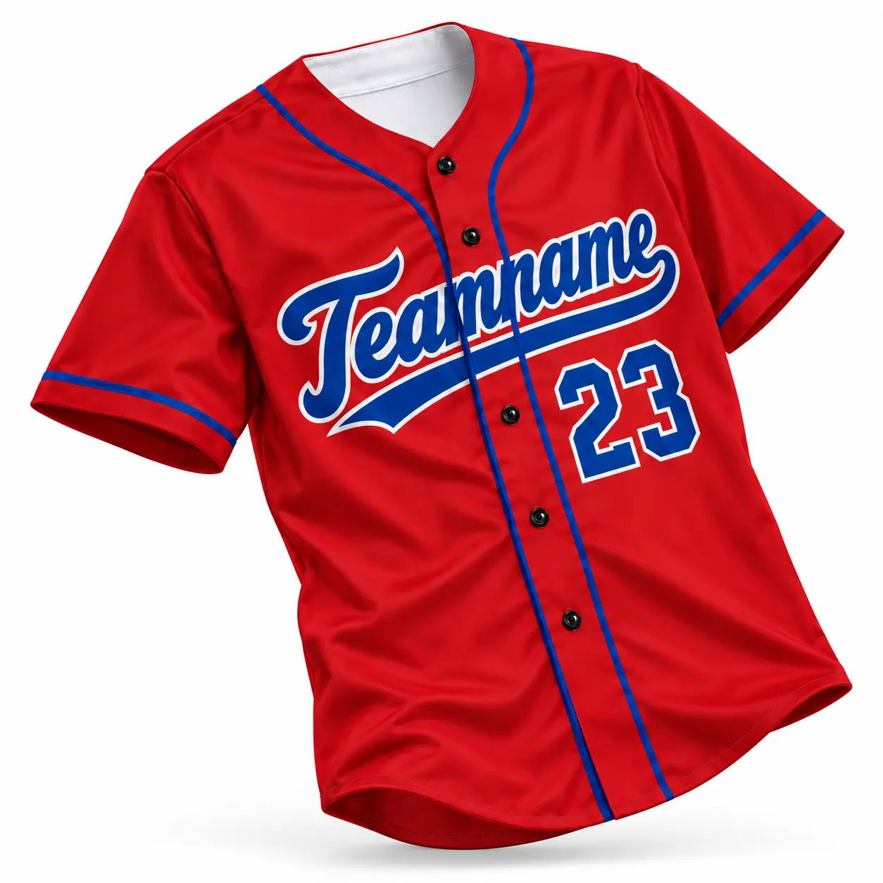Custom Baseball Jersey Philadelphia Red and Royal Blue, front view with team name and number