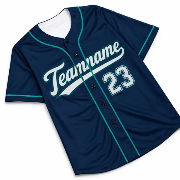 Custom Baseball Jersey Seattle Navy and Teal, front view with team name and number