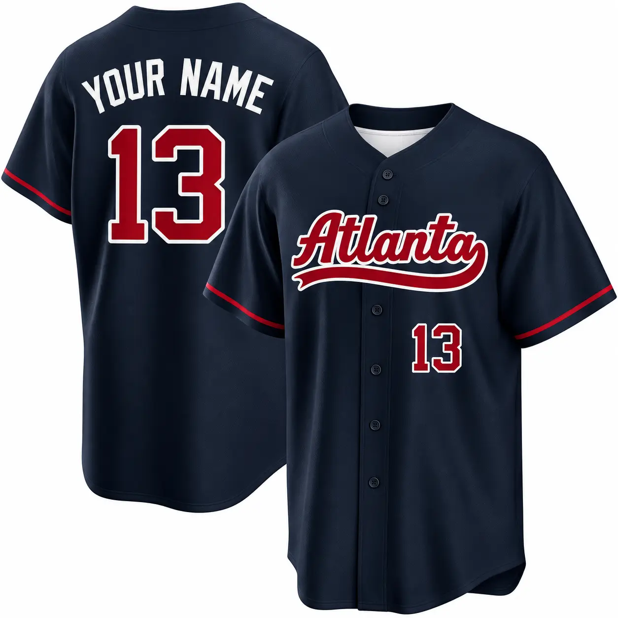Custom Baseball Jersey Atlanta Script Edition in Navy, front and back view