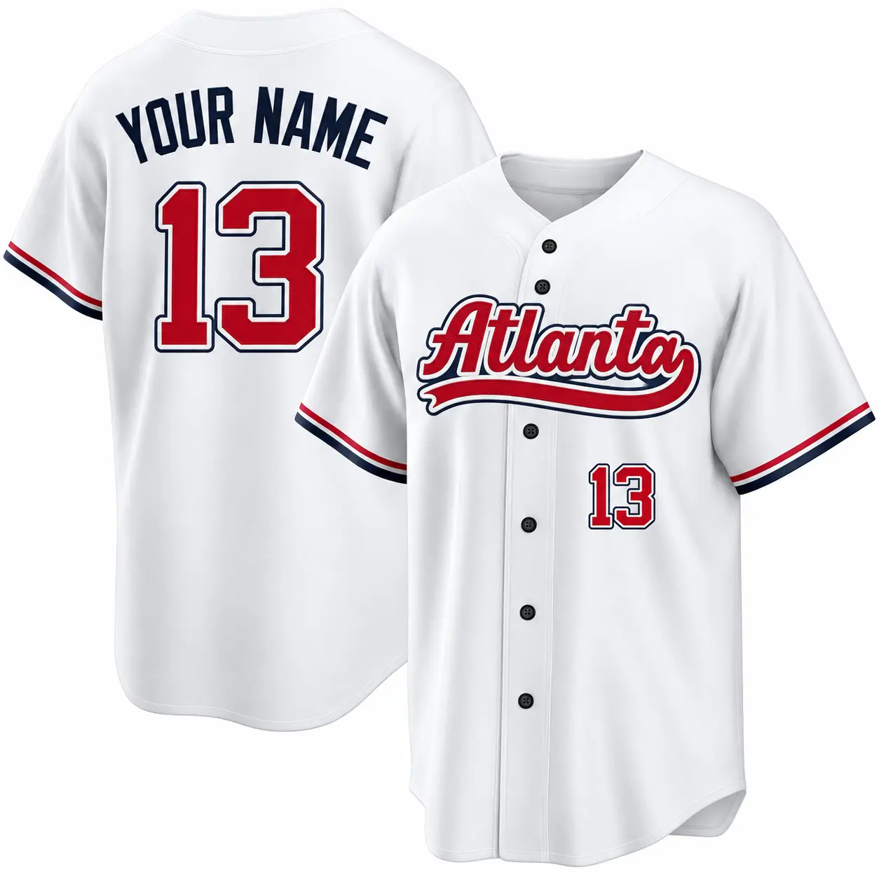 Custom Baseball Jersey Atlanta Script Edition in White, front and back view