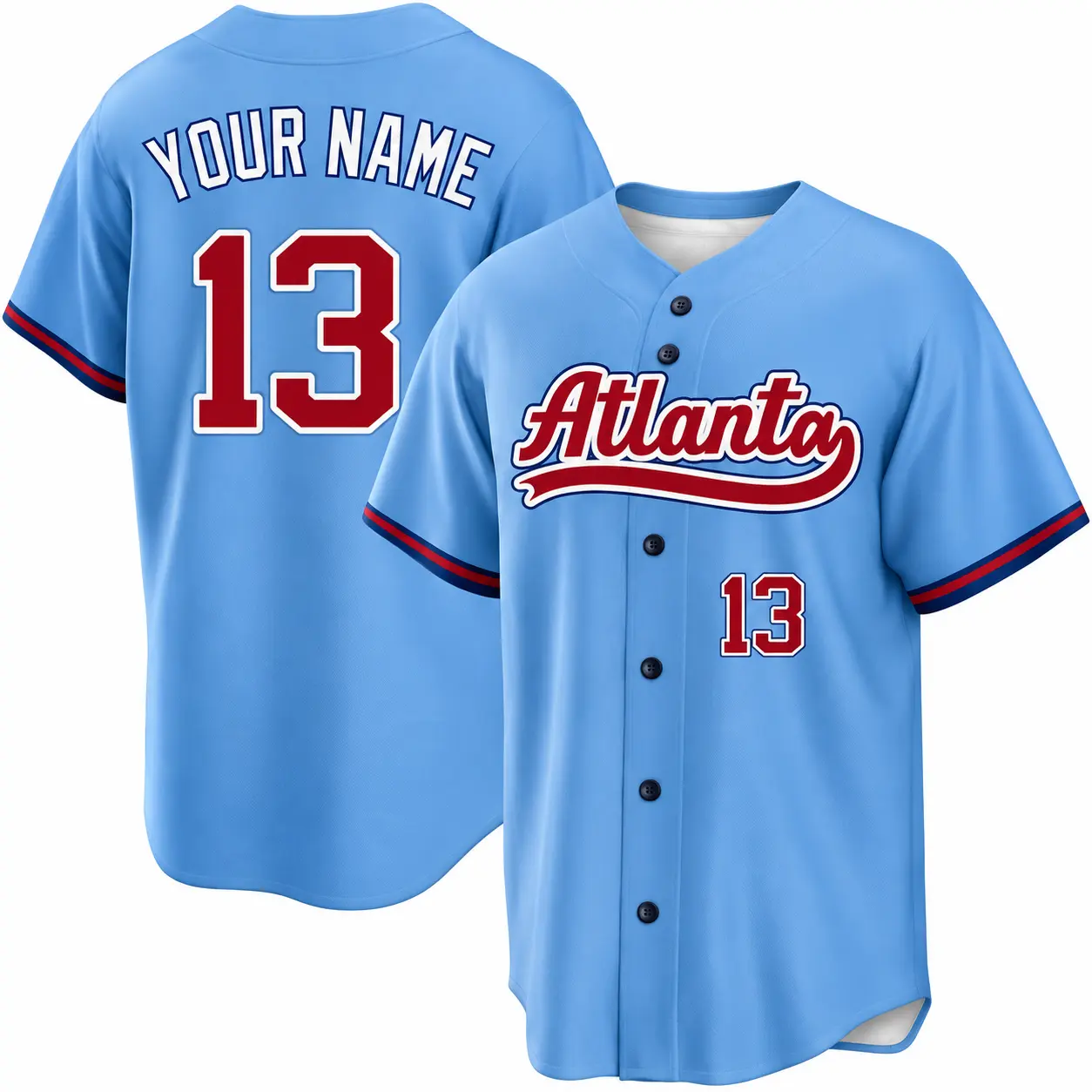Custom Baseball Jersey Atlanta Script Edition in Light Blue, front and back view