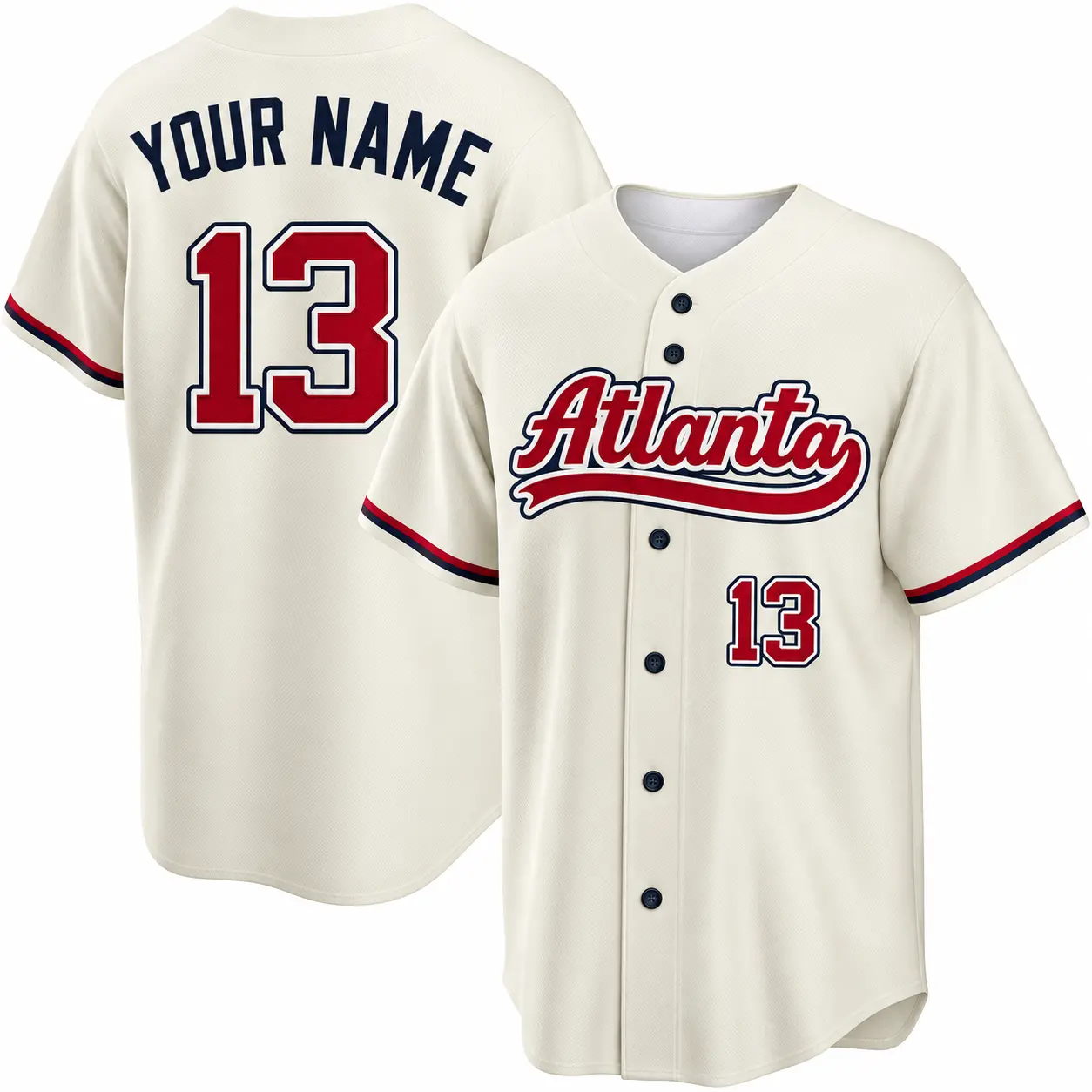Custom Baseball Jersey Atlanta Script Edition in Cream, front and back view