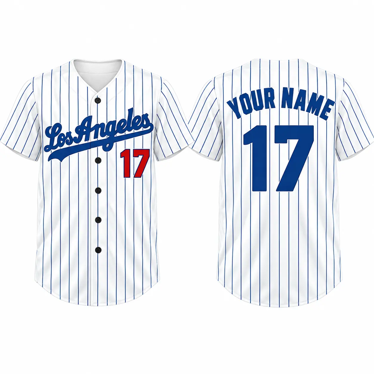 Custom Baseball Jersey Los Angeles Pinstripe in White pinstripe, front and back view