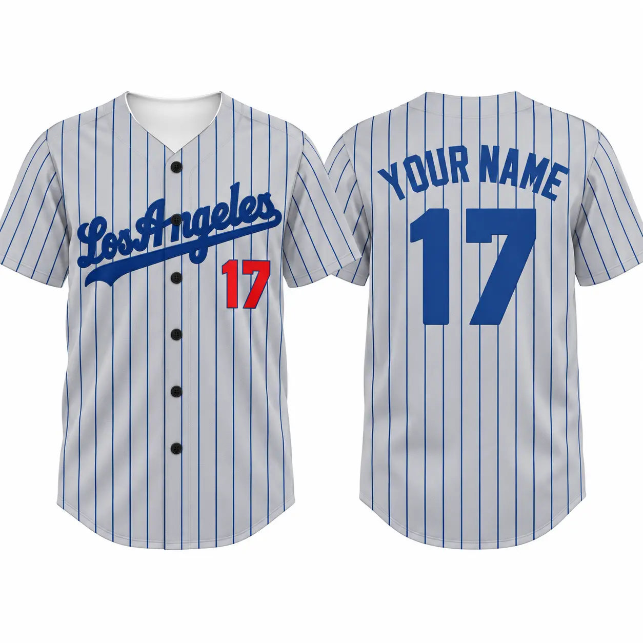 Custom Baseball Jersey Los Angeles Pinstripe in Gray pinstripe, front and back view