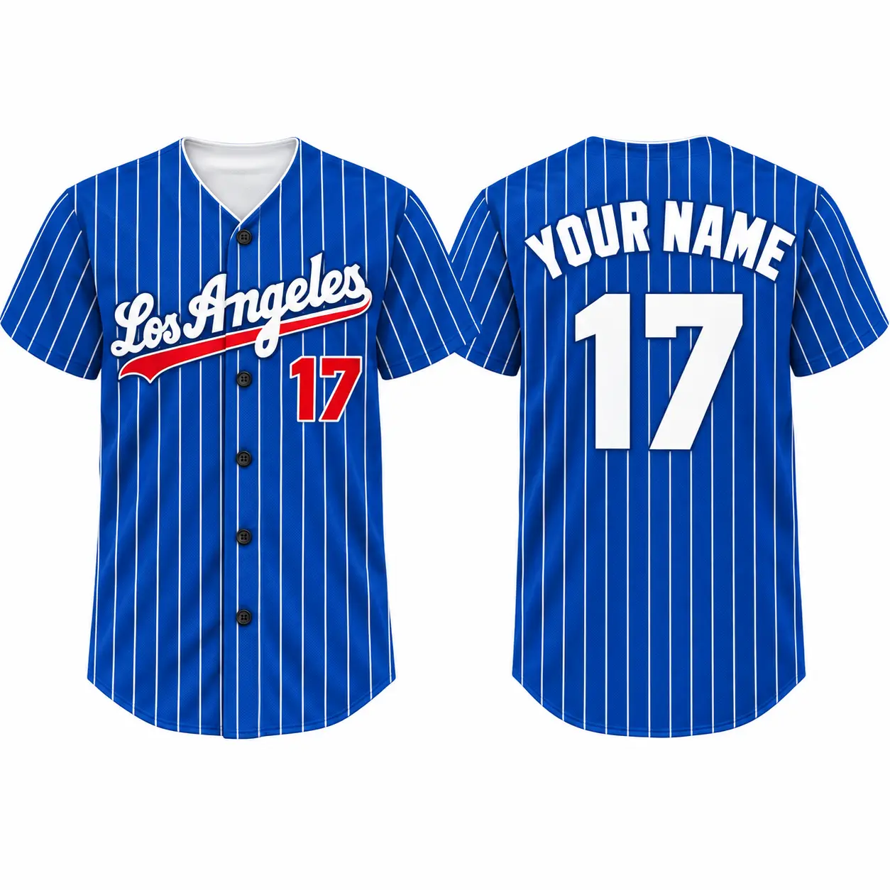 Custom Baseball Jersey Los Angeles Pinstripe in Royal Blue pinstripe, front and back view