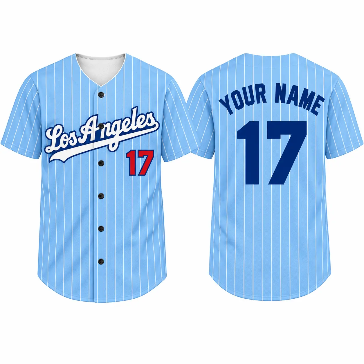Custom Baseball Jersey Los Angeles Pinstripe in Light Blue pinstripe, front and back view