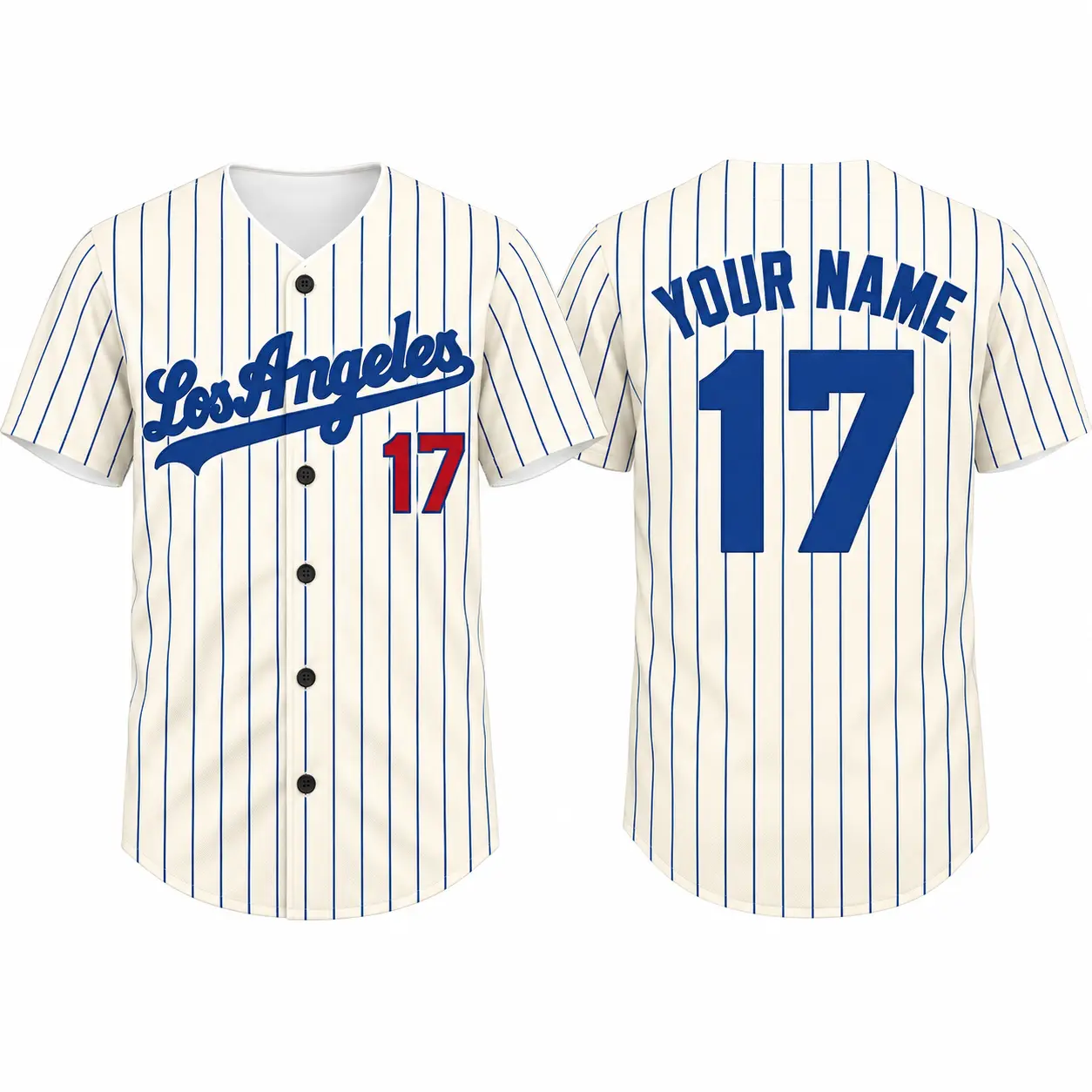 Custom Baseball Jersey Los Angeles Pinstripe in Cream pinstripe, front and back view