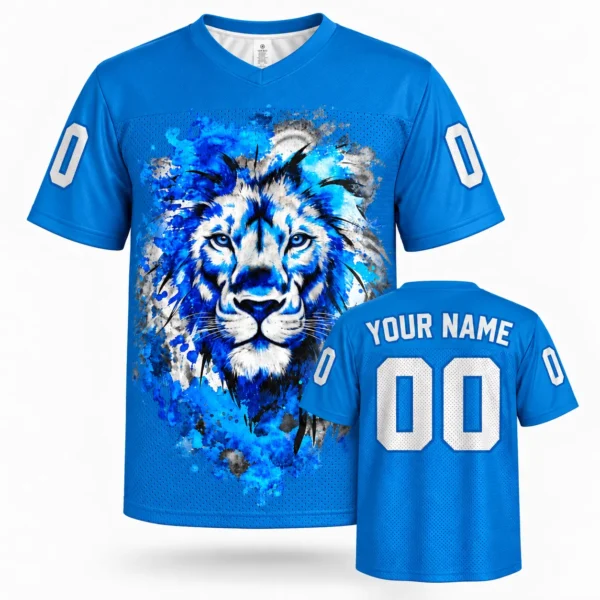 detroit watercolor lion custom football jersey Blue with name and number