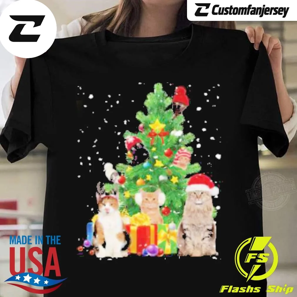 Cat Christmas Tree Circle T-Shirt - black Christmas shirt