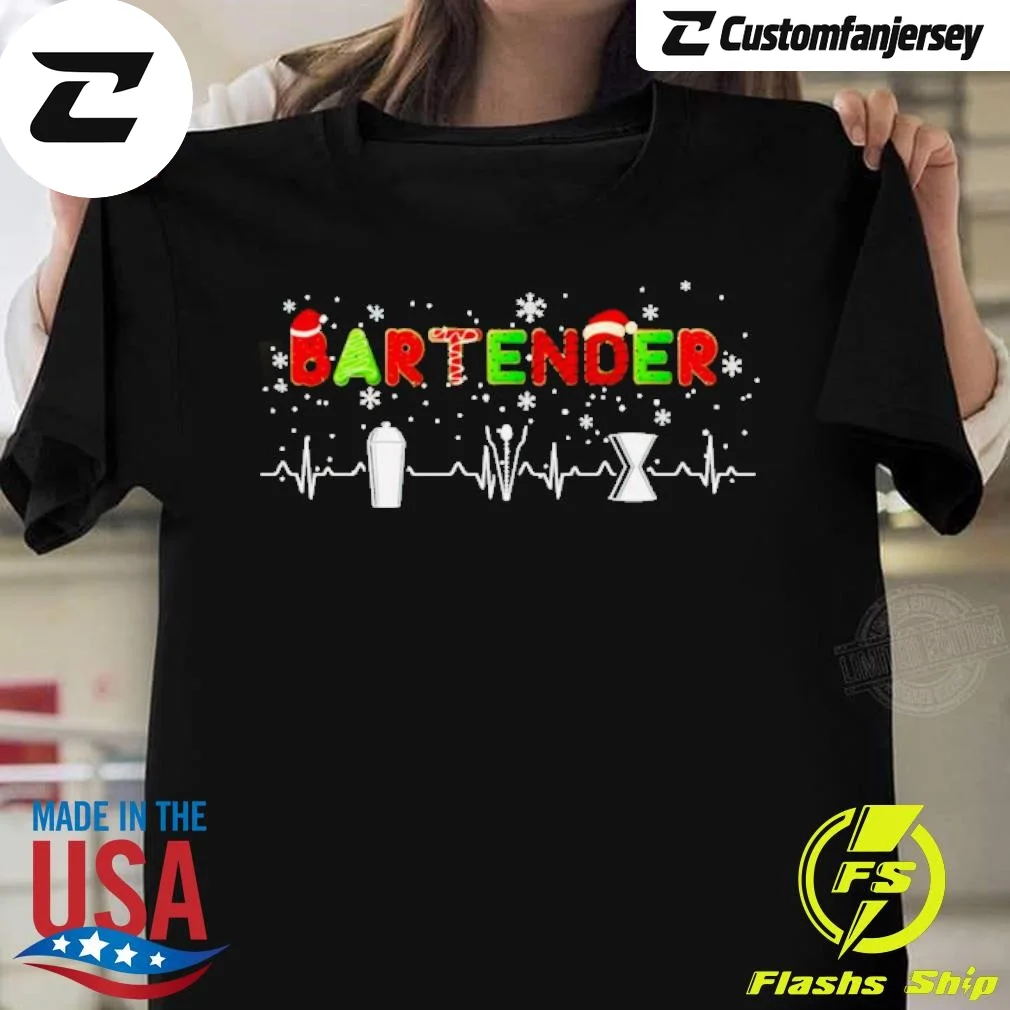Christmas Bartender Heartbeat T-Shirt - black Christmas shirt