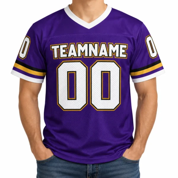 Custom Football Jersey Baltimore Purple and White, front view on model