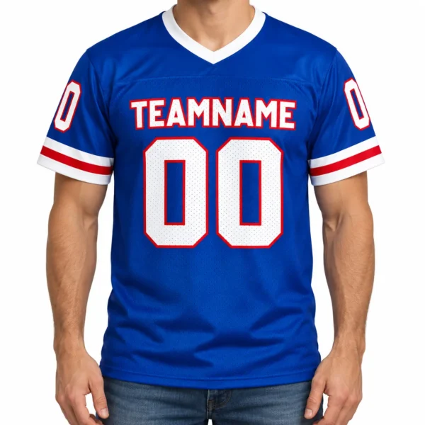 Custom Football Jersey Buffalo Royal Blue and Red, front view on model