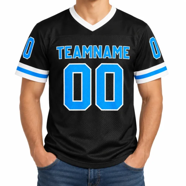 Custom Football Jersey Carolina Black and Light Blue, front view on model