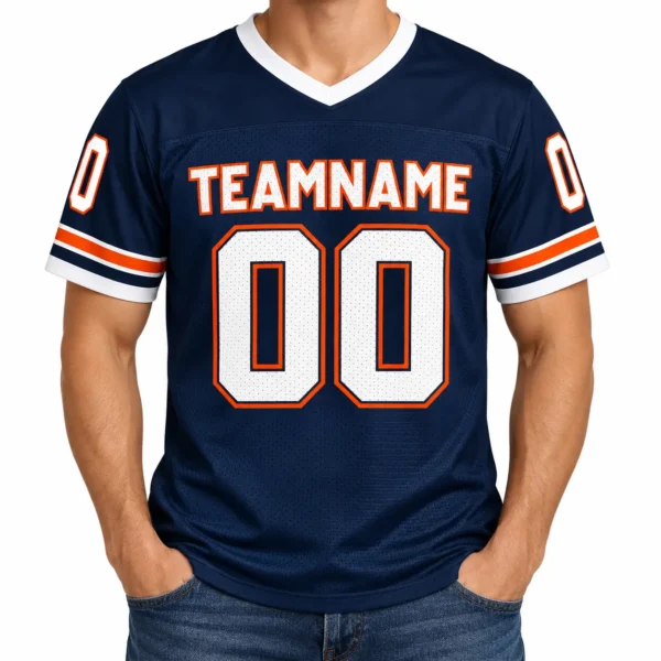 Custom Football Jersey Chicago Navy and Orange, front view on model