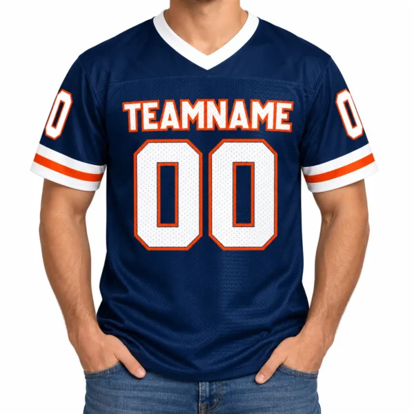 Custom Football Jersey Denver Navy and Orange Stripe, front view on model