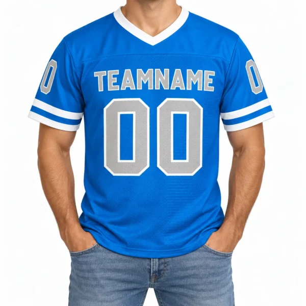 Custom Football Jersey Detroit Light Blue and Silver, front view on model