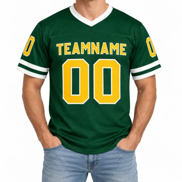 Custom Football Jersey Green Bay Green and Gold, front view on model