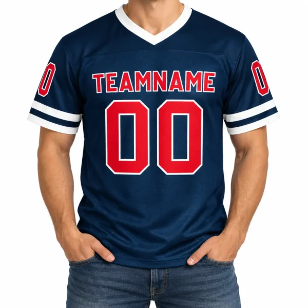 Custom Football Jersey Houston Navy and Red, front view on model