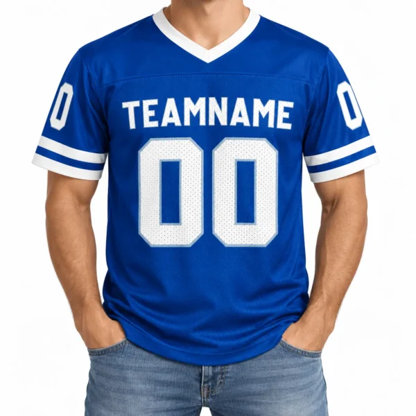 Custom Football Jersey Indianapolis Royal Blue and White, front view on model