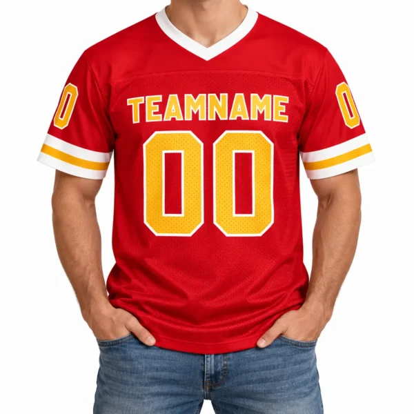 Custom Football Jersey Kansas City Red and Gold, front view on model