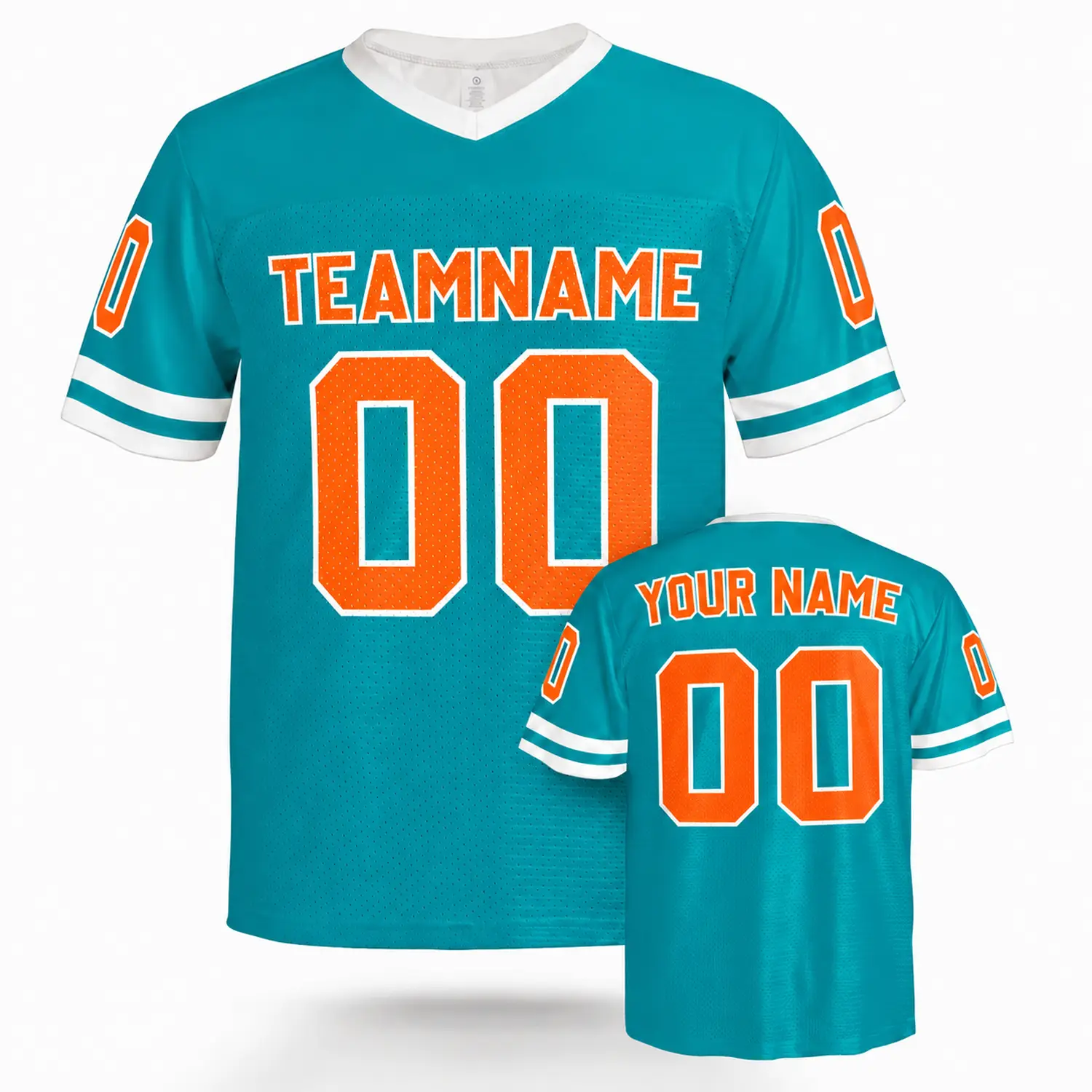 Custom Football Jersey Miami Aqua and Orange, front and back view