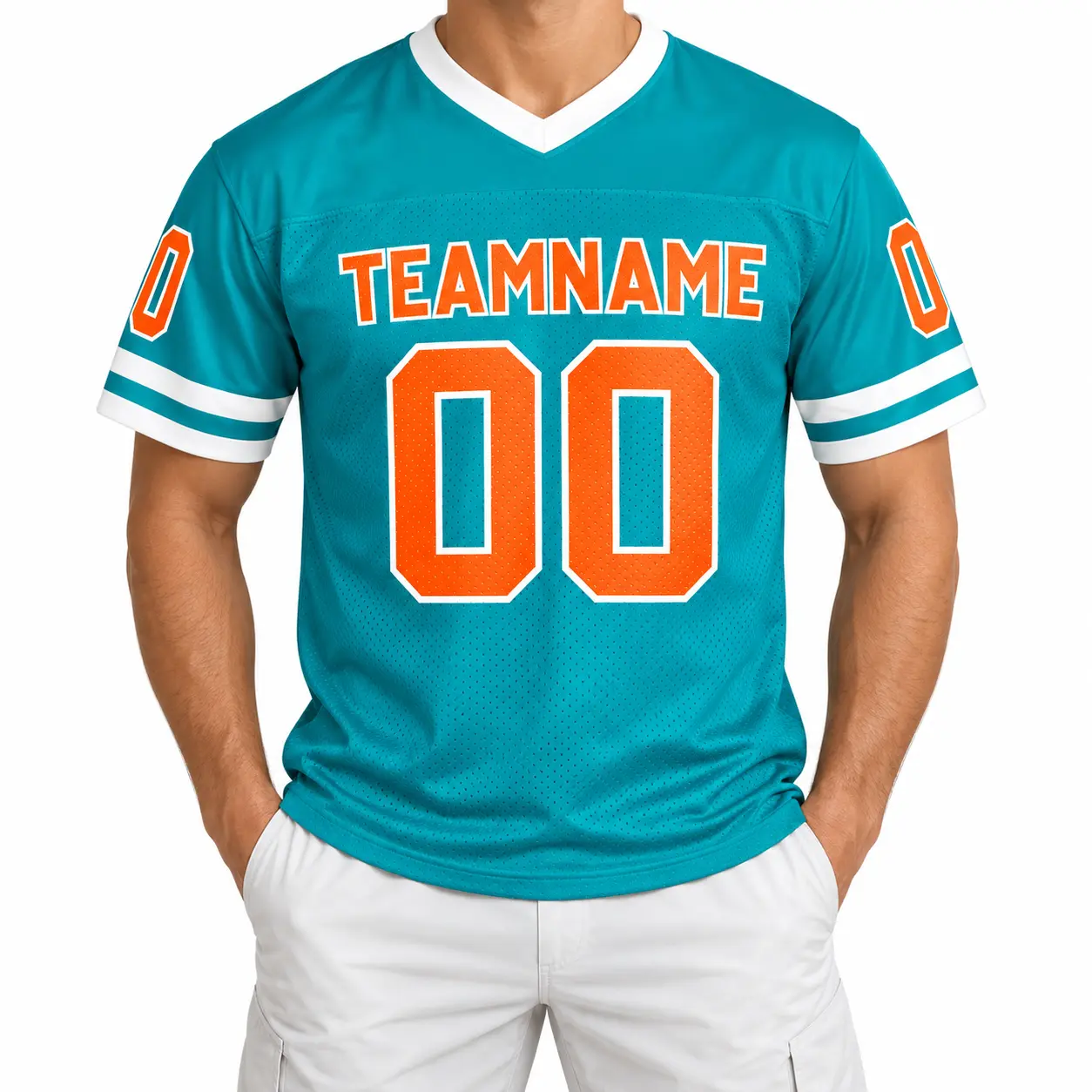 Custom Football Jersey Miami Aqua and Orange, front view on model