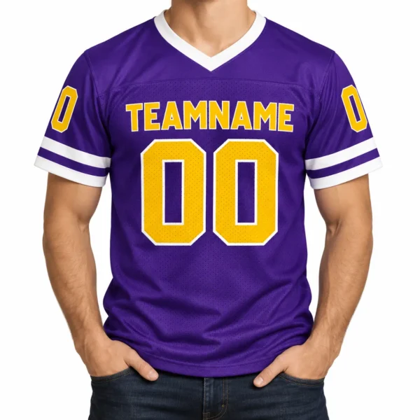 Custom Football Jersey Minnesota Purple and Gold, front view on model