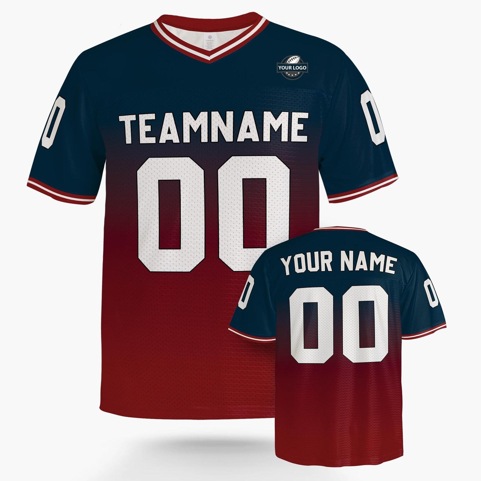 Custom Football Jersey Navy and Cherry Gradient, front view