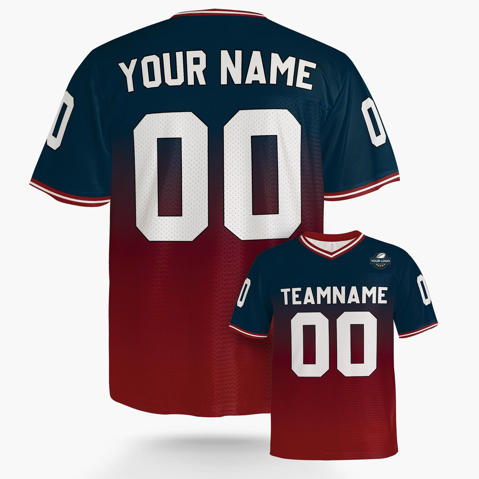 Custom Football Jersey Navy and Cherry Gradient, back view